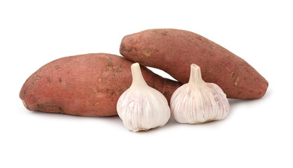 Garlic and sweet potato on a white background.