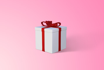 3d rendering image of white gift box with red ribbons.