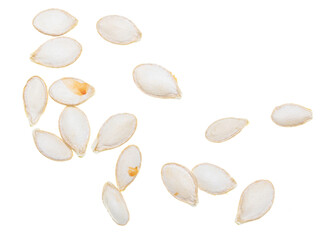 Close-up of pumpkin seeds on a white background. Macro
