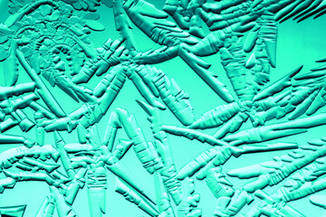 Drawings of ice on blue glass.