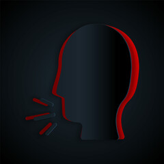Paper cut Man coughing icon isolated on black background. Viral infection, influenza, flu, cold symptom. Tuberculosis, mumps, whooping cough. Paper art style. Vector..