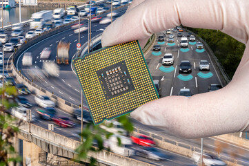 A car moving fast on the road, and A hand holding a CPU chipset.