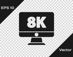 Black Computer PC monitor display with 8k video technology icon isolated on transparent background. Vector
