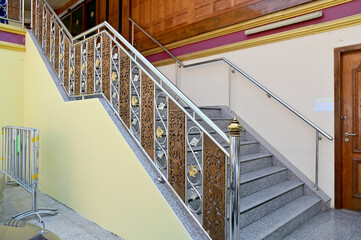 Modern architecture detail. Grunge texture of outdoor staircase. Step of rock stair with vintage style.