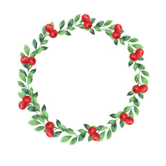 Green leaves and red berries round frame. Christmas holiday wreath. Hand drawn watercolor illustration.