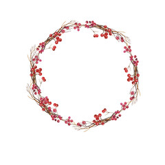 Red berries and dry branches decorative wreath. Holiday decoration. Hand drawn watercolor illustration.
