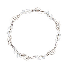 Decorative wreath with dry branches and white buds. Hand drawn watercolor illustration.