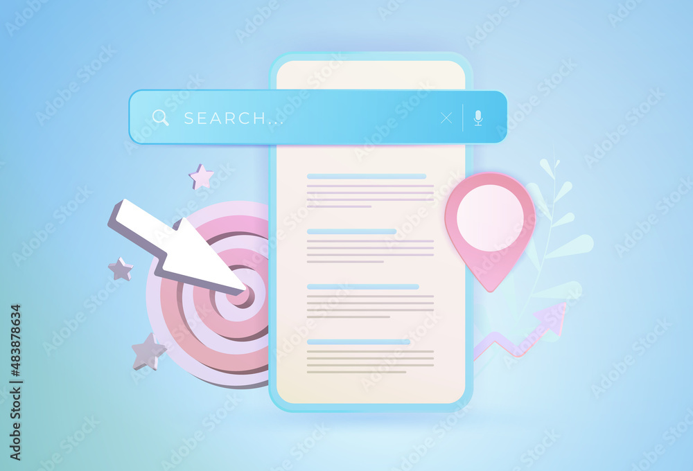 Aufkleber seo optimization marketing strategy, seo local search 3d vector illustration. search bar webpage and