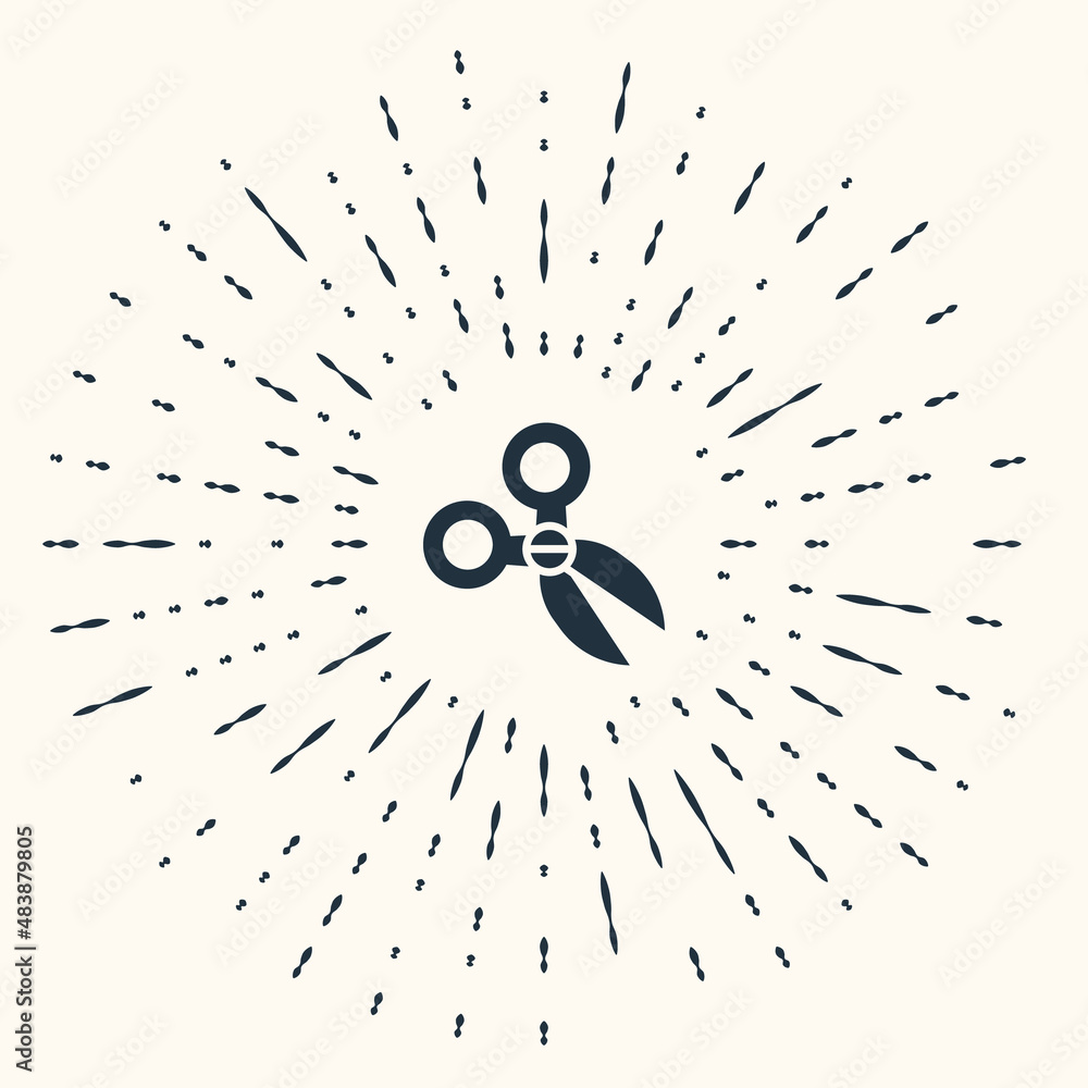 Poster grey scissors icon isolated on beige background. cutting tool sign. abstract circle random dots. vec