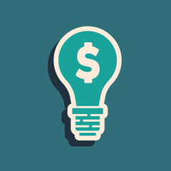 Green Light bulb with dollar symbol icon isolated on green background. Money making ideas. Fintech innovation concept. Long shadow style. Vector