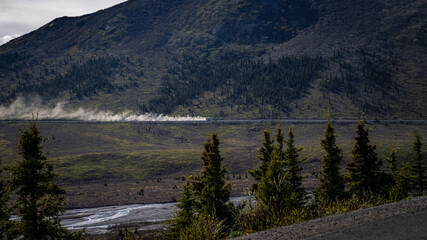 A vehicle racing on the road and leaving dust in its wake in Denali Park, Alaska