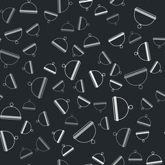 Grey Covered with a tray of food icon isolated seamless pattern on black background. Tray and lid sign. Restaurant cloche with lid. Kitchenware symbol. Vector
