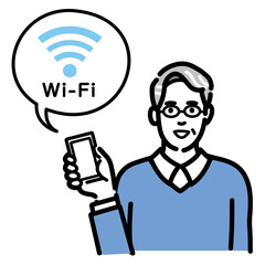 スマートフォンを持ってWi-Fiの説明をしているメガネをかけた中年男性
