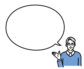 吹き出しで説明するメガネをかけた中年男性

