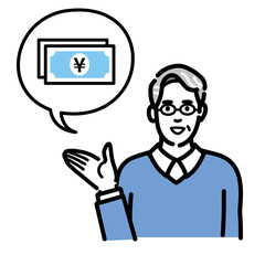 お金の説明をしているメガネをかけた中年男性
