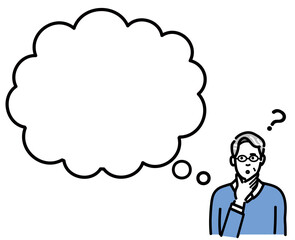 吹き出し　考えているメガネをかけた中年男性
