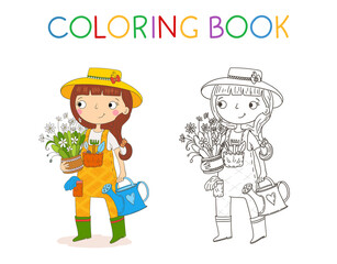 Coloring book for children. Cartoon illustration of a gardener. Kids workers. Child professional.