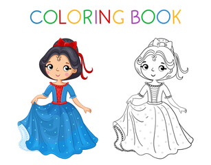 Coloring book for children. Cute little girl and princess in a beautiful dress. Vector illustration in a cartoon style