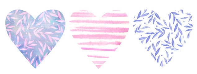 Hand-drawn collection of watercolor hearts for your design.