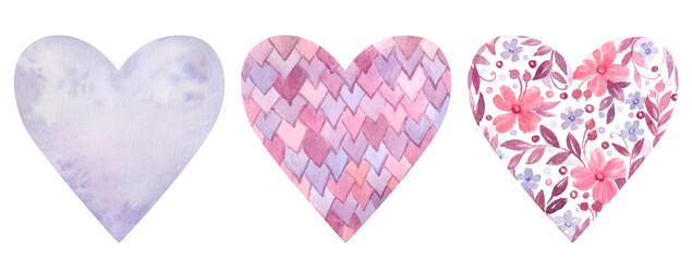 Hand-drawn collection of watercolor hearts for your design.