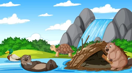 River in the forest with wild animals © blueringmedia