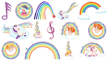 Set of fantasy fairies and cupids with rainbow elements