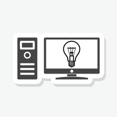 Light bulb on screen icon sticker isolated on white background