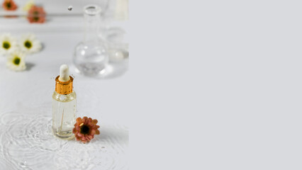  Moisturizing serum for the skin stands in water with flowers on a white background. Copy space.