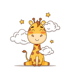 The giraffe sits happy, smiles near the clouds and stars. Vector illustration for designs, prints and patterns. Vector illustration