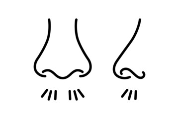 Nose and breath icon. Nasal breathing. Human organ of smell. Unpleasant smell. Nose inhales fragrance. Set of outline icons. Vector illustration in line style on white background. Editable stroke.