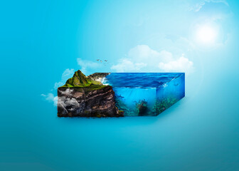 A piece of the island in space, 3D illustration in space. Sea, land, island 3d illustration.