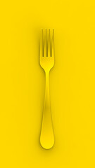 Fork is yellow on yellow background. Vertical image. 3D image. 3D rendering.