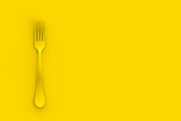 Fork is yellow on yellow background. Horizontal image. 3D image. 3D rendering.