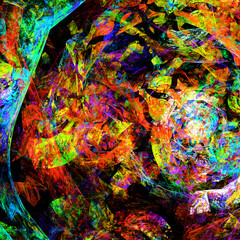 Imagen de arte abstracto digital compuesto de trazos aleatorios sin un orden concreto creando un conjunto que parece ser una aglomeración de formas indefinidas coloridas.