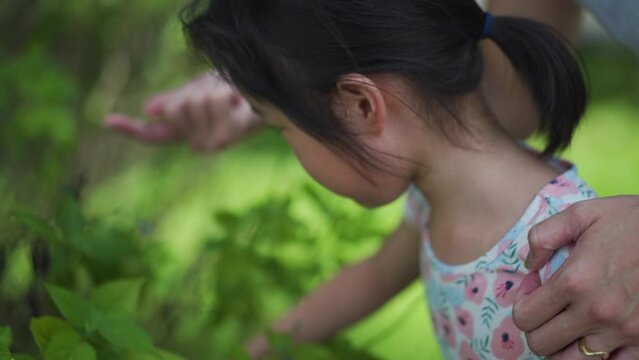 Asian Chinese girl with mother teacher playing with plants nature outdoor