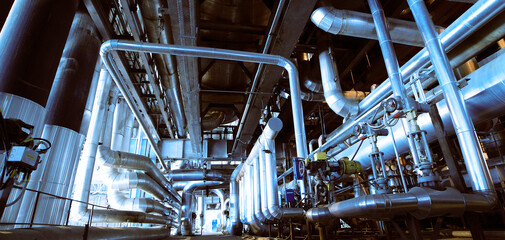 Industrial zone, Steel pipelines, valves and tanks