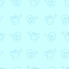 Seamless pattern with watering cans. Hand drawn outline vector background and texture in doodle style, isolated. Gardening tools for working in the garden, on the farm, in the dacha, country site