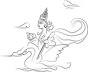 Illustration of goddess  with musical instrument, duck and white dress