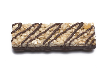 closeup chocolate banana cereal bar white background