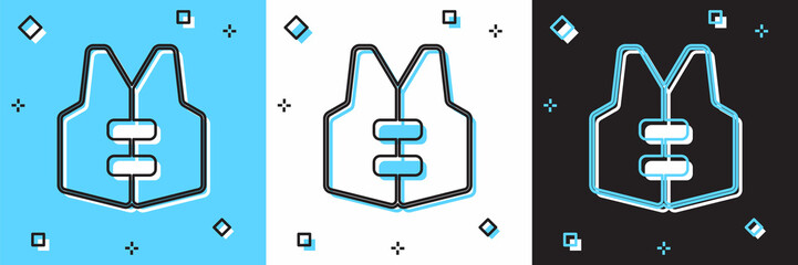 Set Life jacket icon isolated on blue and white, black background. Life vest icon. Extreme sport. Sport equipment. Vector