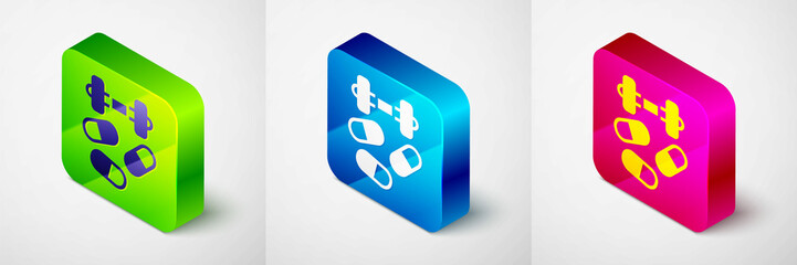 Isometric Sports doping, anabolic drugs with dumbbell icon isolated on grey background. Anabolic steroids tablet. Pills in jar. Square button. Vector