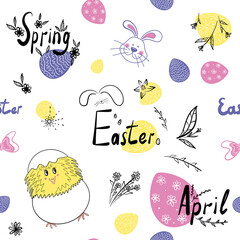 Chicken, rabbit, easter eggs and lettering on a white background. Easter seamless pattern.