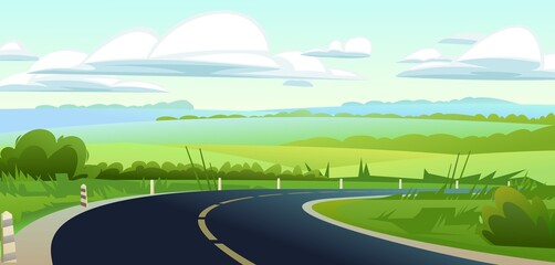 Good asphalt road. Summer rural daytime landscape. Quality modern empty highway. Suburban intercity pathway. Background illustration. Vector