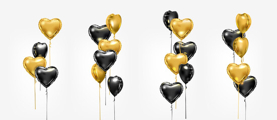 Black and golden foil balloon bunch. Vector heart shape air balloon compositions set. Valentine day or birthday party decoration elements. © Olena Go