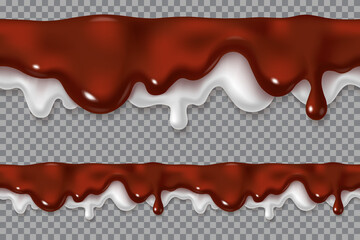 Obraz premium Melted chocolate and cream drip seamless. Realistic vector 3d illustration of brown cream sauce with milk or syrup drop. Repeatable horizontal border element.