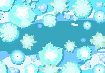 Winter landscape top view. Ice lake. Snowy frosty nature in cold season. From high. White and blue drifts of snow. Illustration in cartoon style flat design. Vector