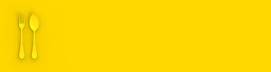 Spoon and fork are yellow on yellow background. Horizontal image. Banner for insertion into site. 3D image. 3D rendering.