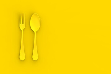 Spoon and fork are yellow on yellow background. Horizontal image. 3D image. 3D rendering.