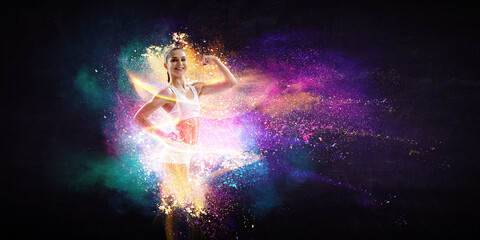 Fototapeta premium Young beautiful girl wearing fashion sports wear doing exercise . Mixed media