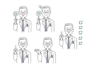 高齢のお医者さんの表情バリエーションセット　コミカルな手書きの人物　ベクター、線画にシンプルな色つけ